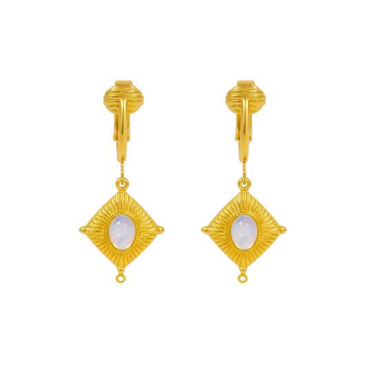 Gold Opalite Diamonds Clip On Dangling Earrings