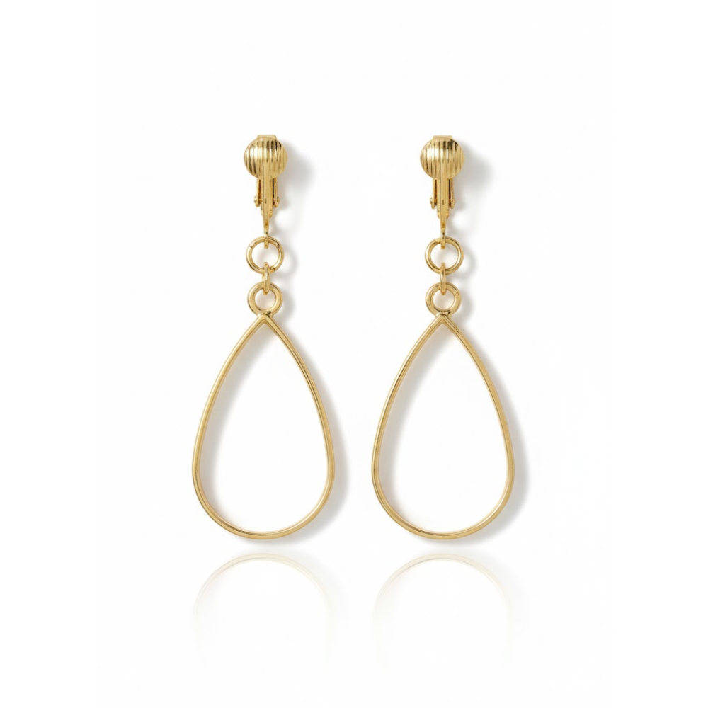 Gold Open Teardrop Clip On Dangling Earrings