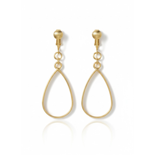 Gold Open Teardrop Clip On Dangling Earrings