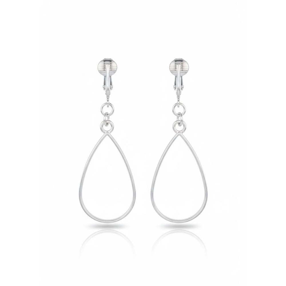 Silver Open Teardrop Clip On Dangling Earrings