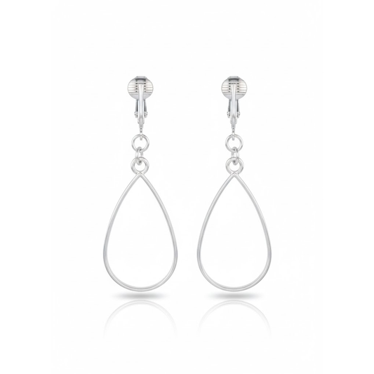 Silver Open Teardrop Clip On Dangling Earrings