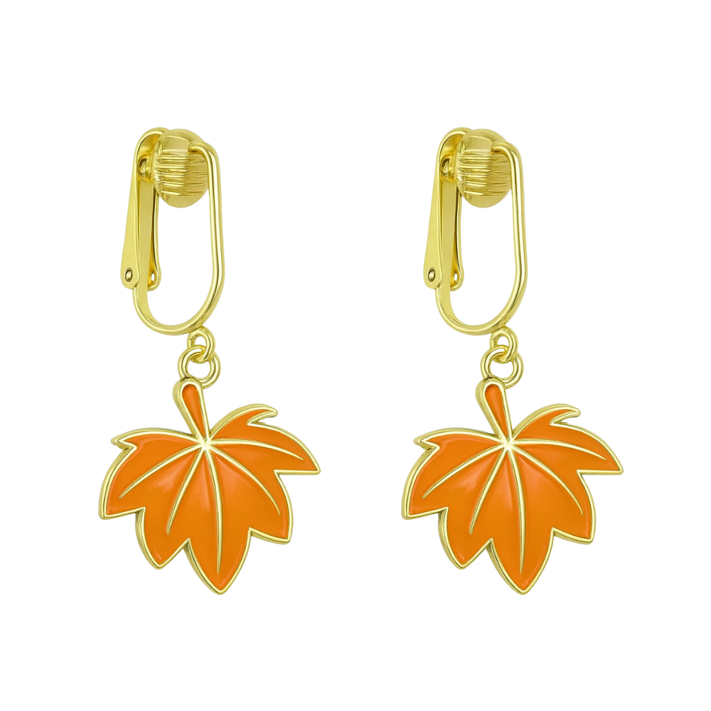 Orange Leaves Gold Clip On Dangling Earrings