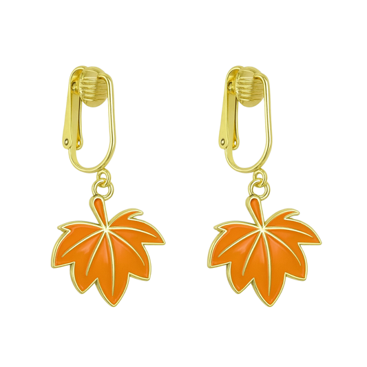 Orange Leaves Gold Clip On Dangling Earrings