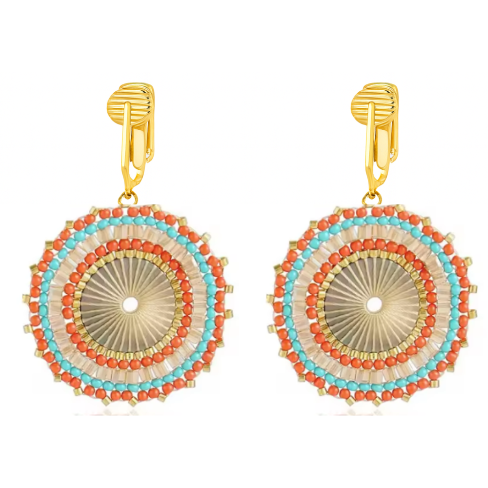 Gold Beaded Circle Clip On Dangling Earrings
