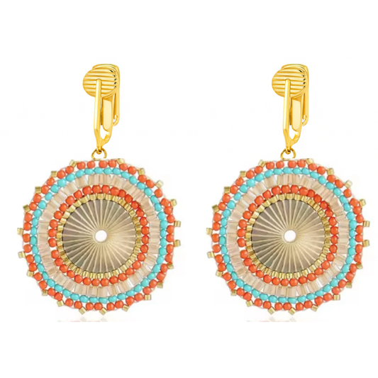 Gold Beaded Circle Clip On Dangling Earrings