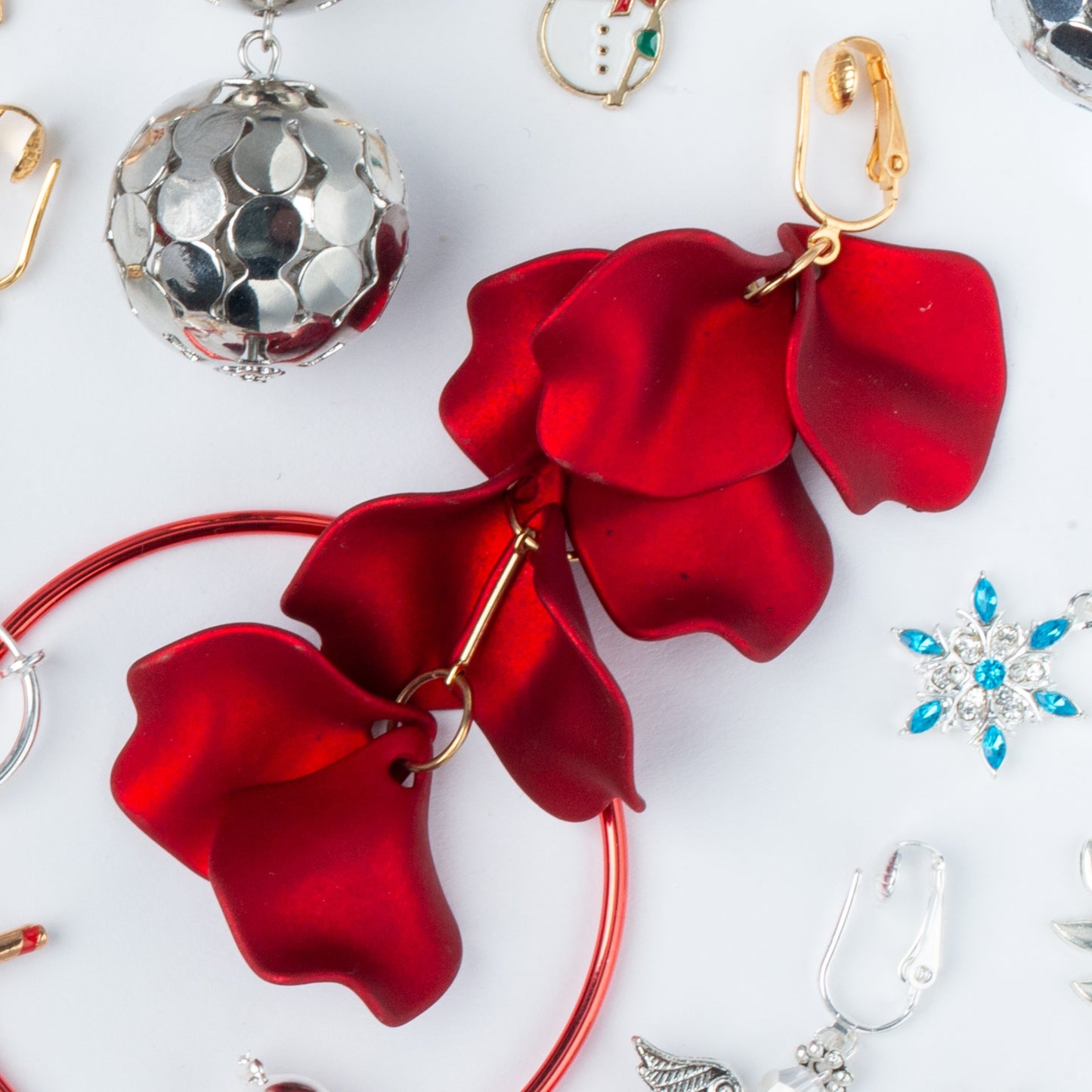 Long Acrylic Rose Petal Clip On Dangling Earrings