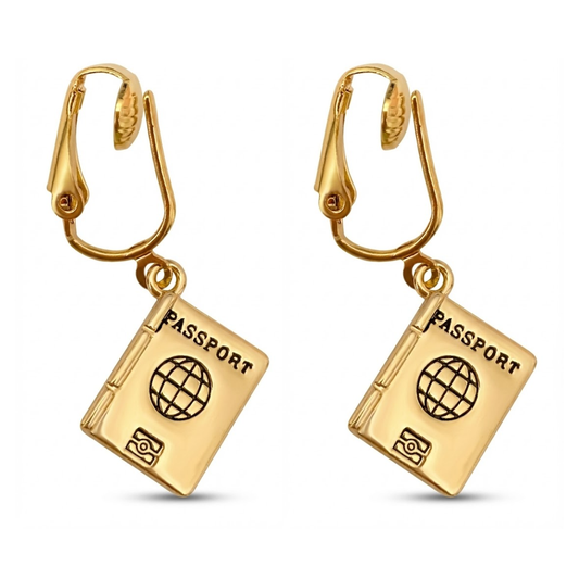 Gold Passport Clip On Dangling Earrings