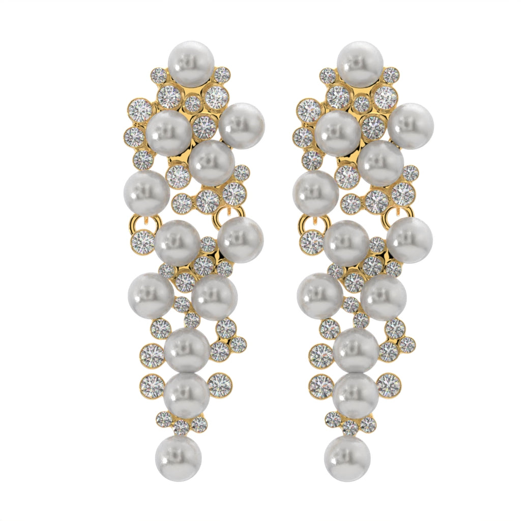 Gold Simulated Pearl and Crystal Cluster Chandelier Clip On Statement Dangling Earrings