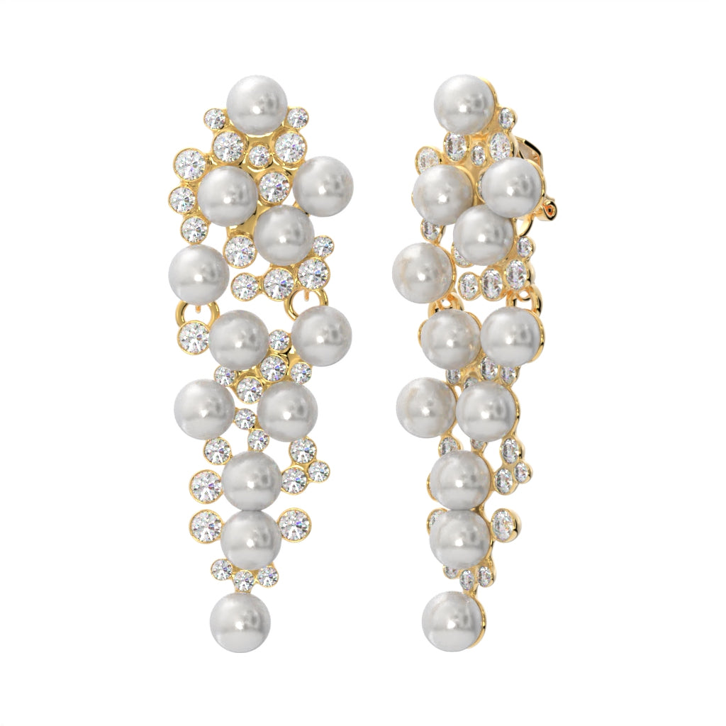 Gold Simulated Pearl and Crystal Cluster Chandelier Clip On Statement Dangling Earrings