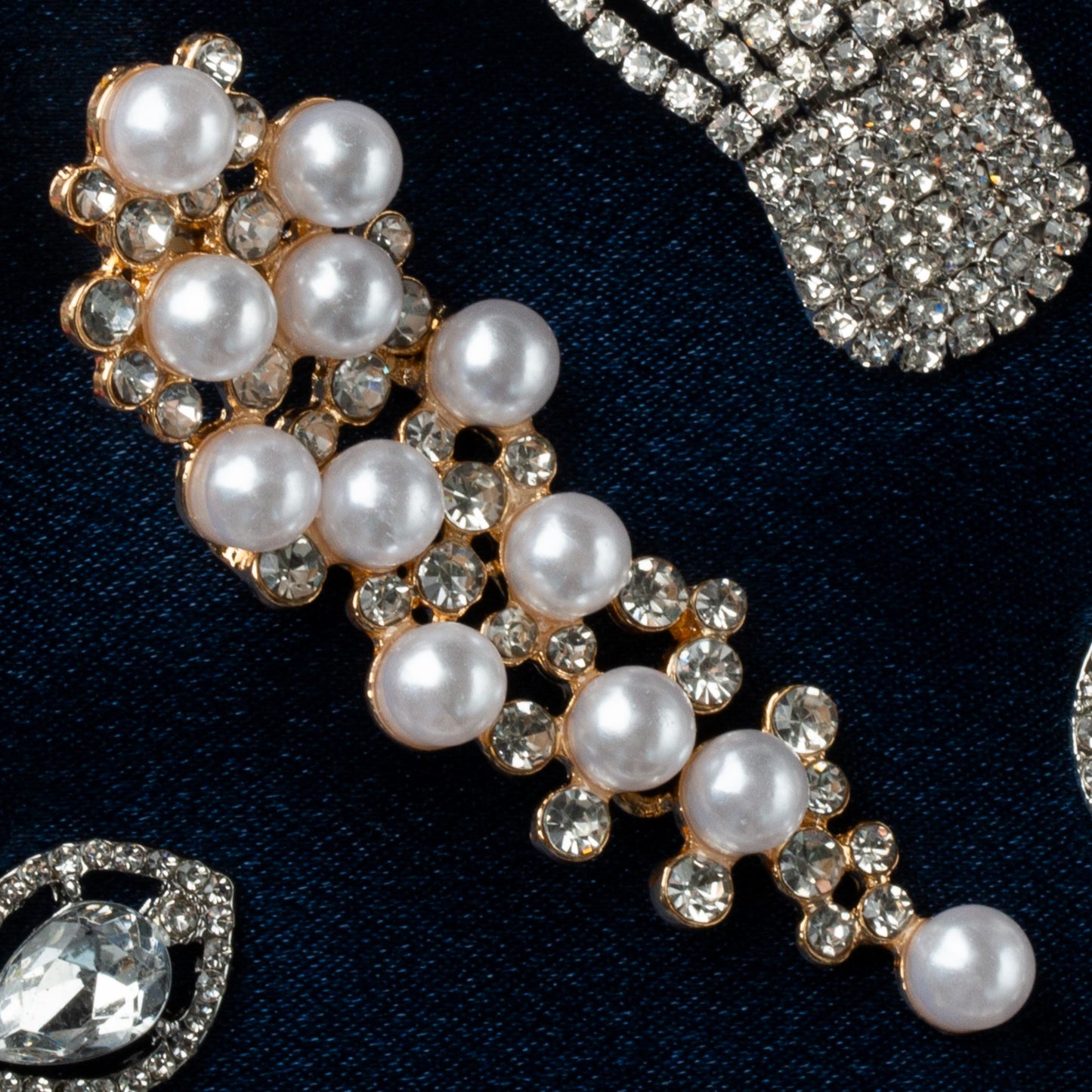 Gold Simulated Pearl and Crystal Cluster Chandelier Clip On Statement Dangling Earrings