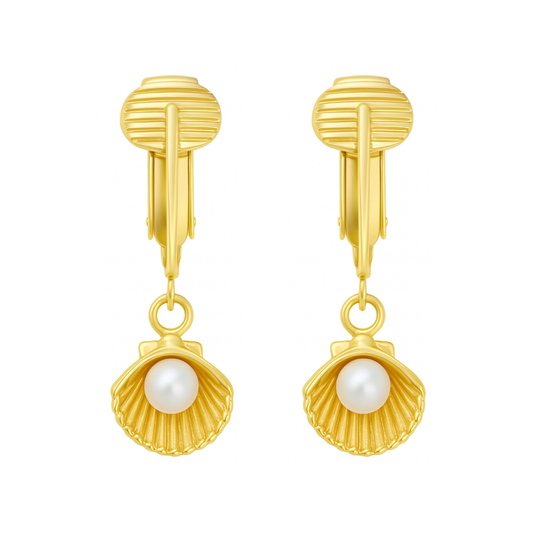 Gold Simulated Pearl in Shells Clip On Dangling Earrings