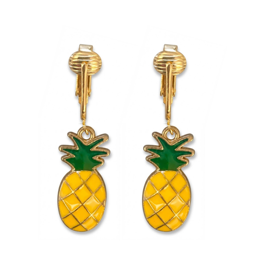 Pineapples Gold Clip On Dangling Earrings