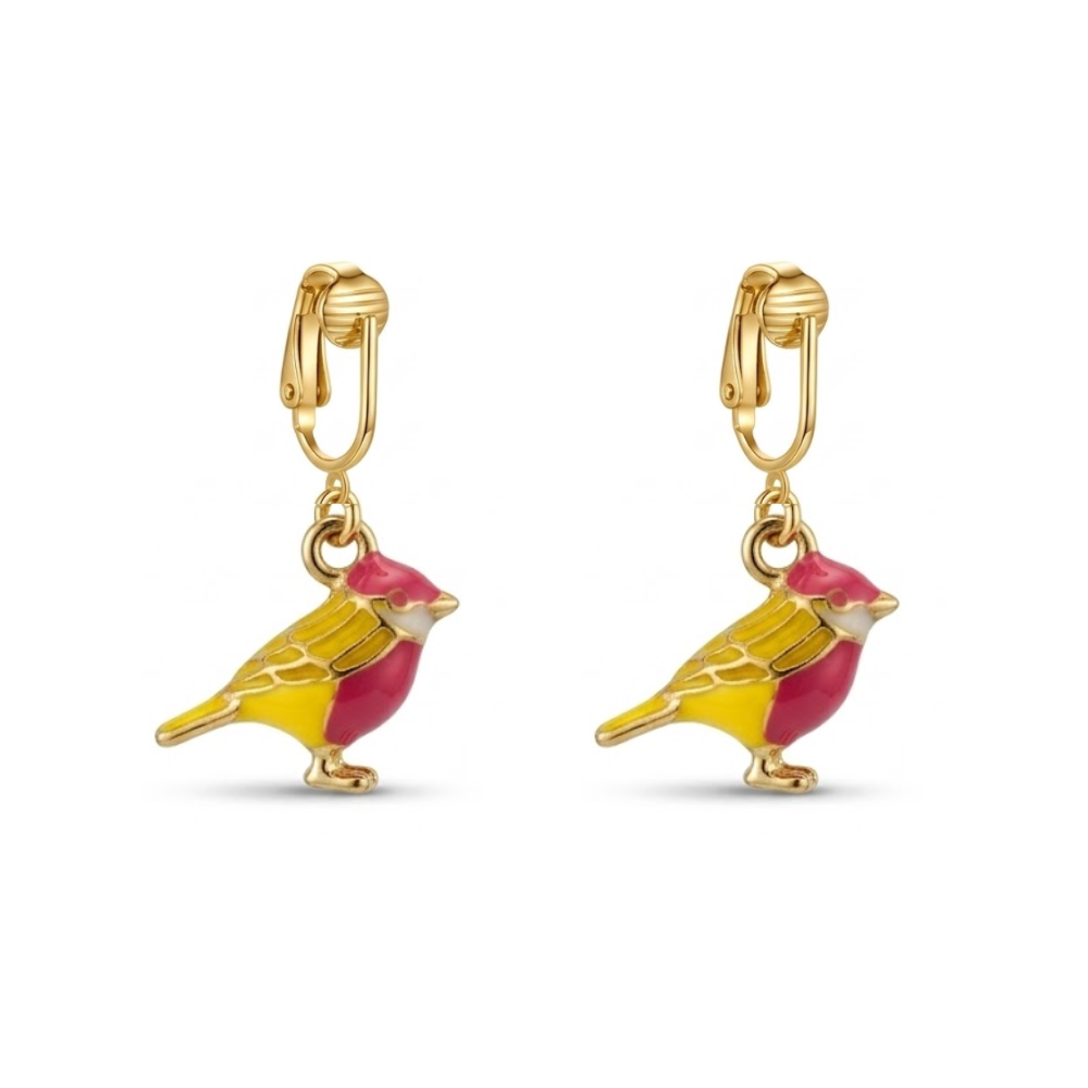 Pink Bird Gold Clip On Dangling Earrings