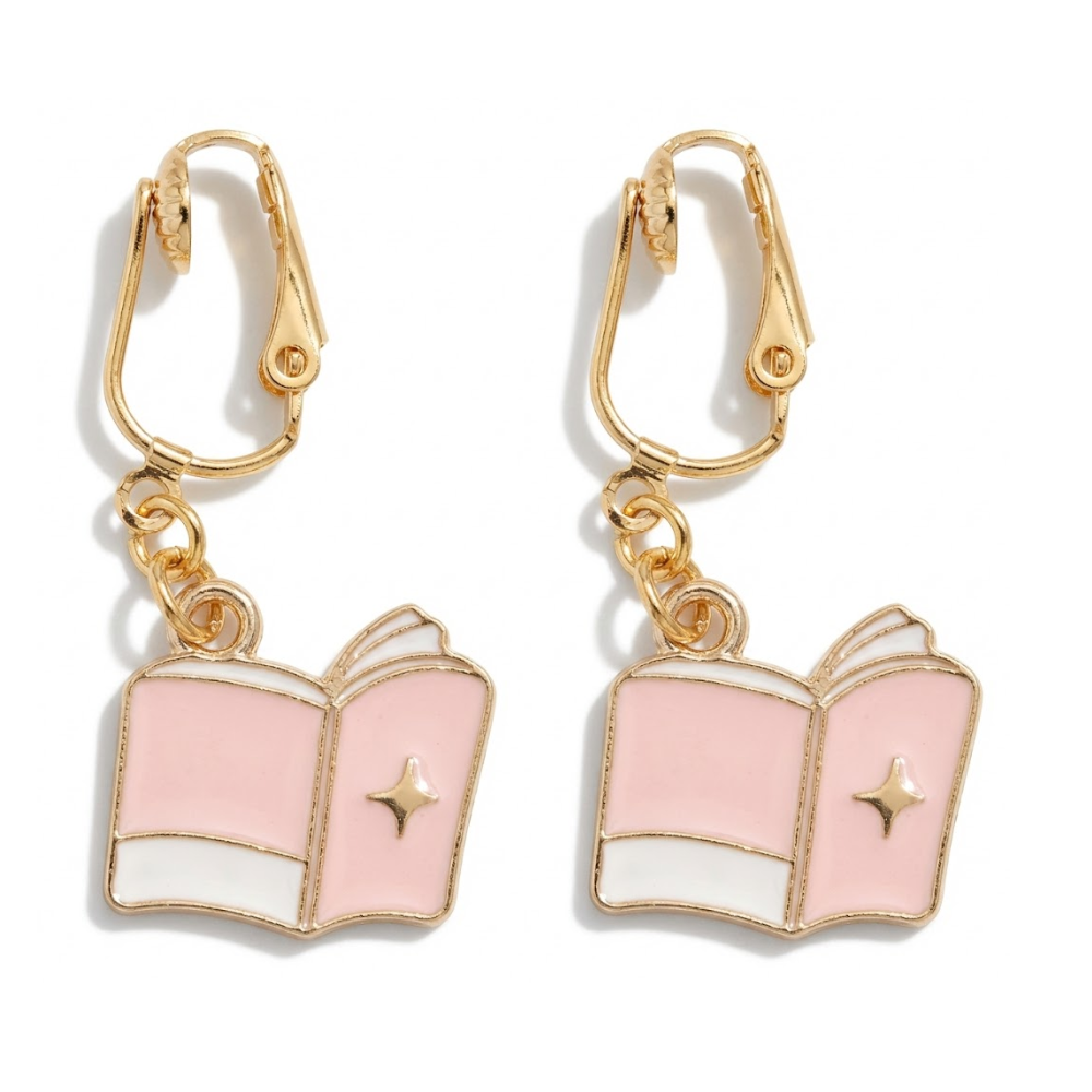 Book Gold Clip On Dangling Earrings