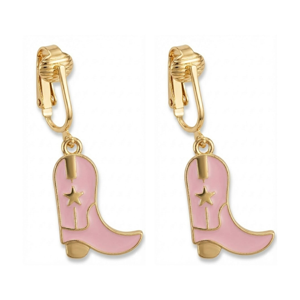 Pink Cowboy Boots Gold Clip On Dangling Earrings