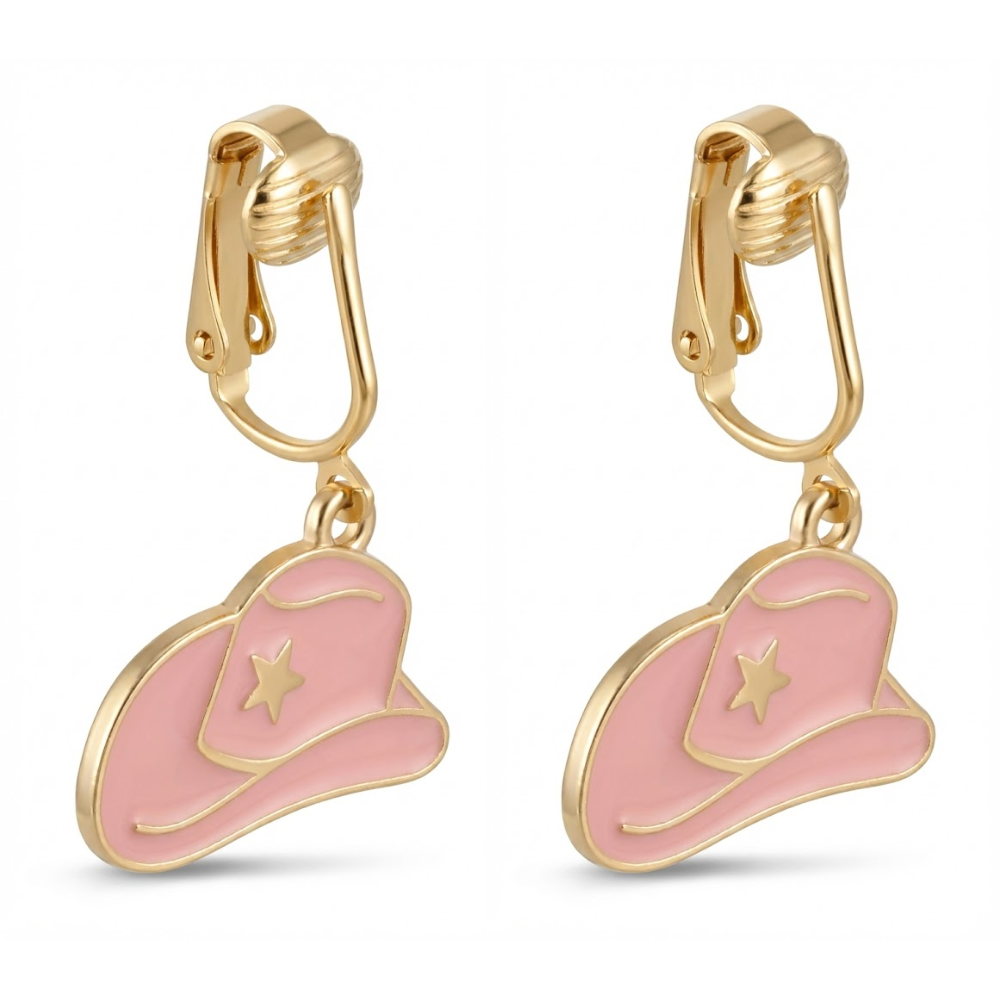 Pink Cowboy Hats Gold Clip On Dangling Earrings