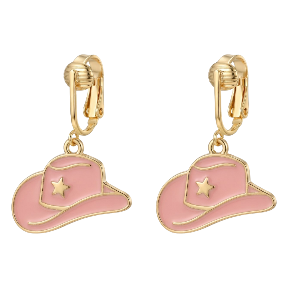 Pink Cowboy Hats Gold Clip On Dangling Earrings