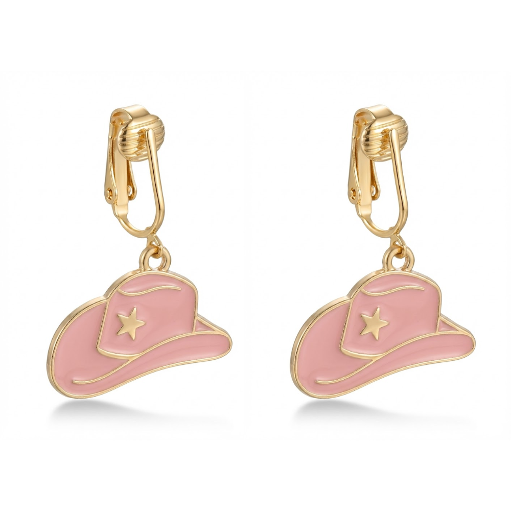 Pink Cowboy Hats Gold Clip On Dangling Earrings