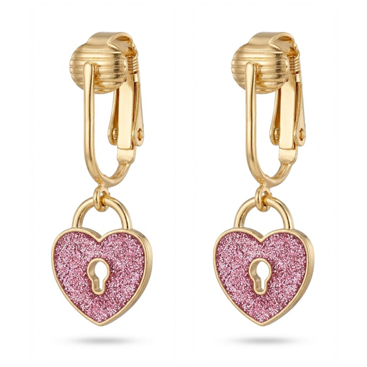 Pink Glitter Lock Gold Clip On Dangling Earrings