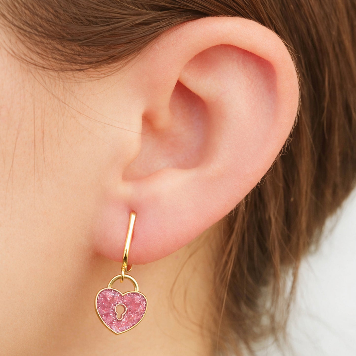 Pink Glitter Lock Gold Clip On Dangling Earrings
