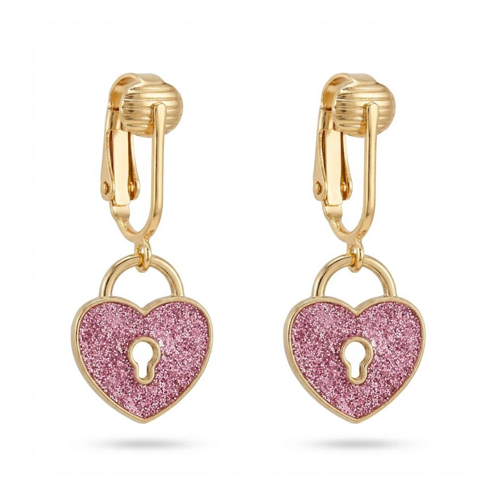 Pink Glitter Lock Gold Clip On Dangling Earrings