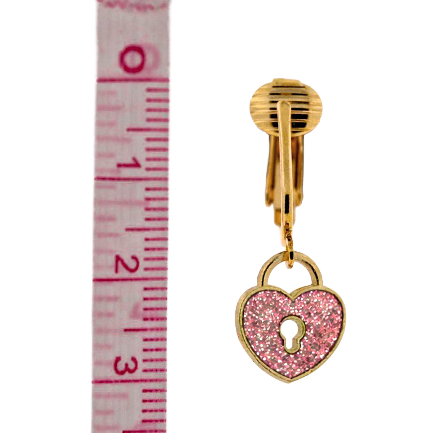 Pink Glitter Lock Gold Clip On Dangling Earrings
