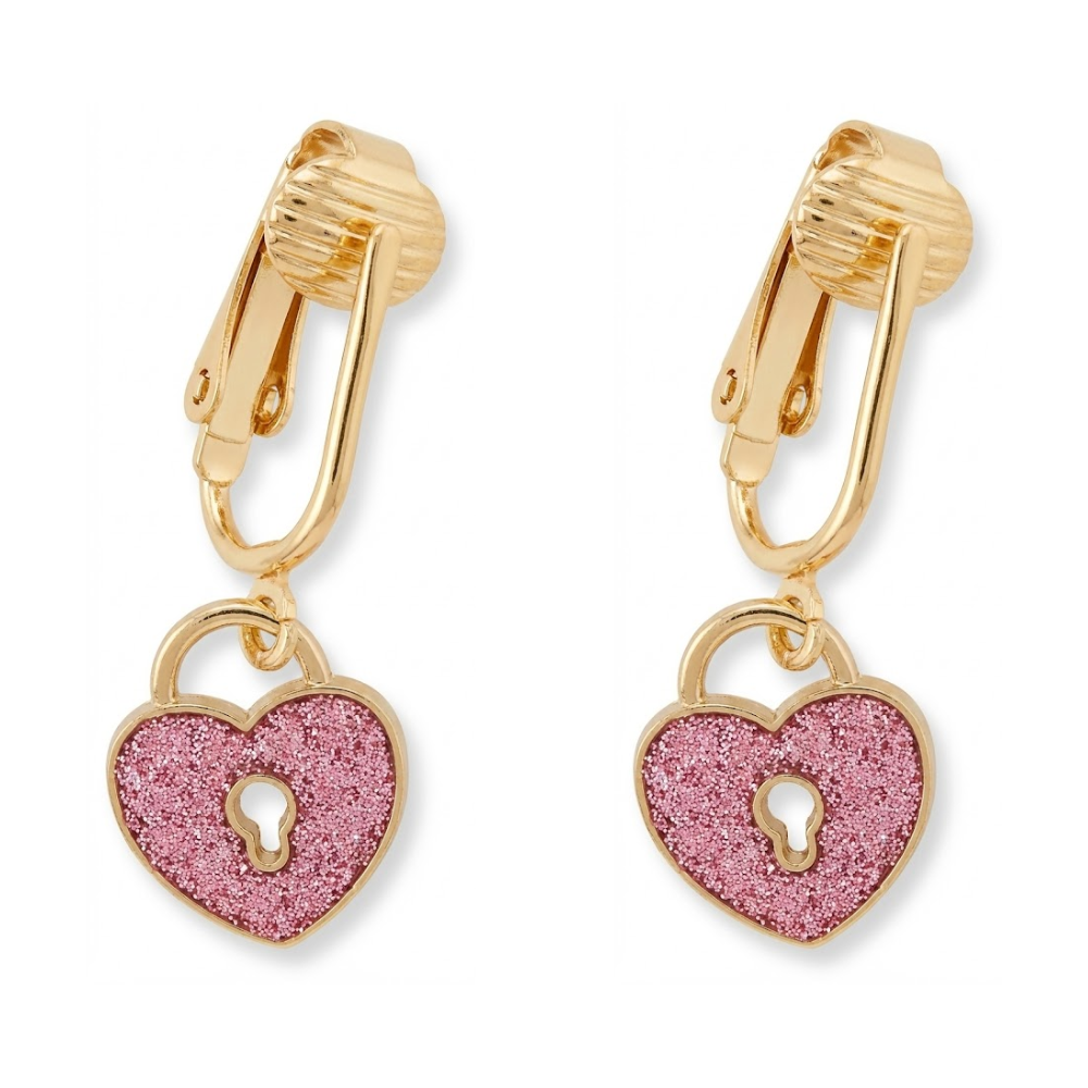 Pink Glitter Lock Gold Clip On Dangling Earrings