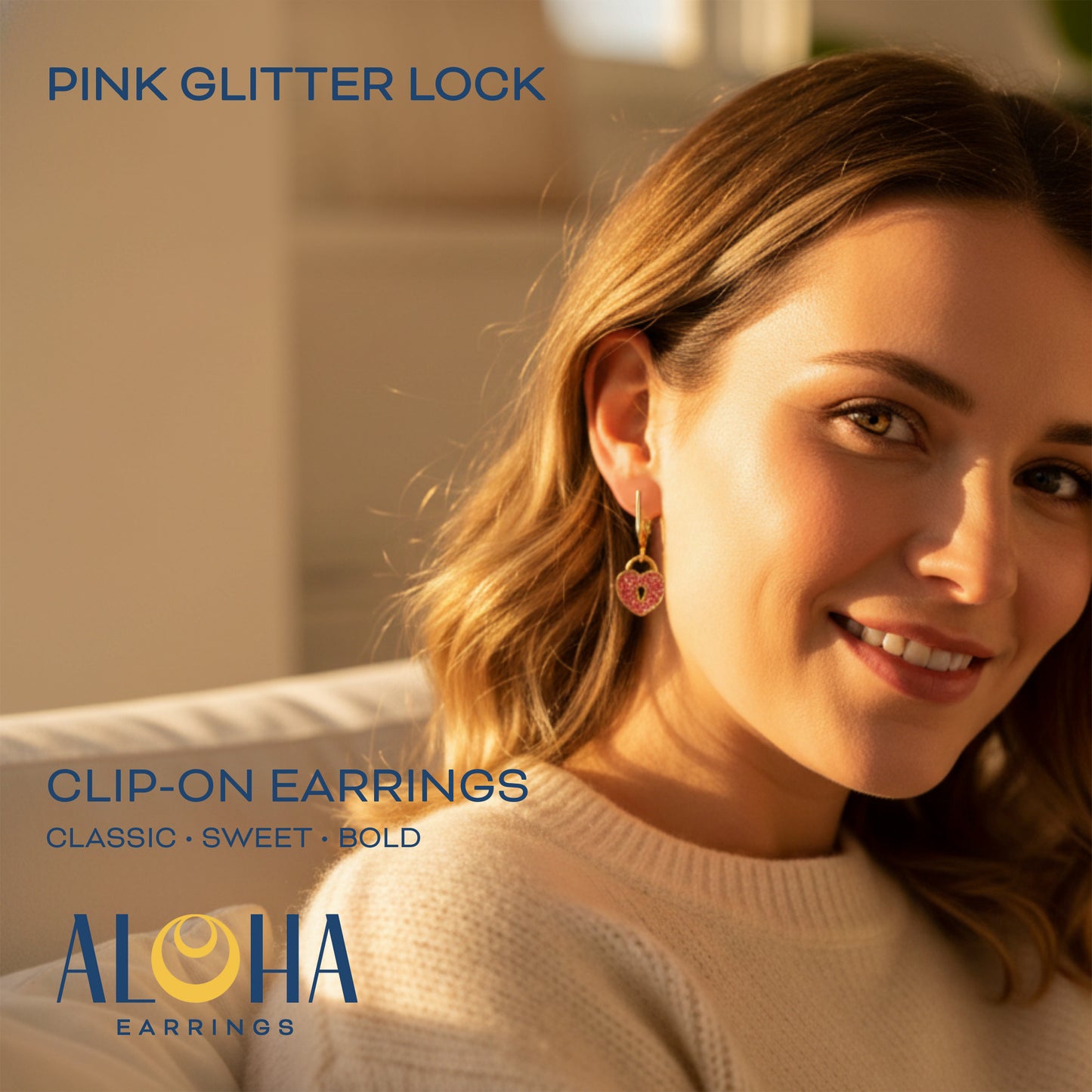 Pink Glitter Lock Gold Clip On Dangling Earrings