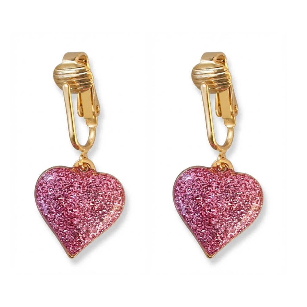 Sparkle Hearts Gold Clip On Dangling Earrings