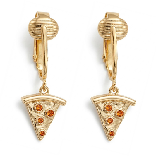 Pizza Gold Clip On Dangling Earrings