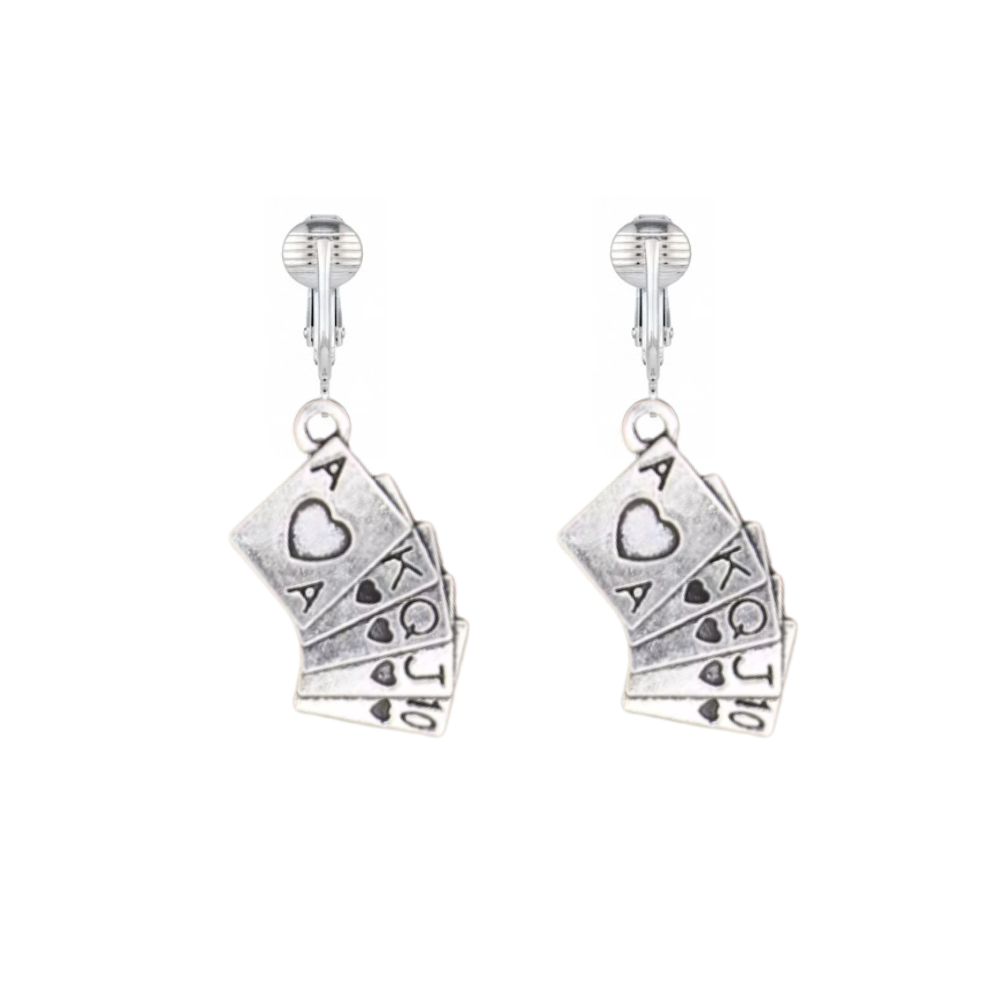 Silver Poker Hand Clip On Dangling Earrings