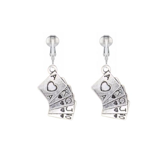Silver Poker Hand Clip On Dangling Earrings