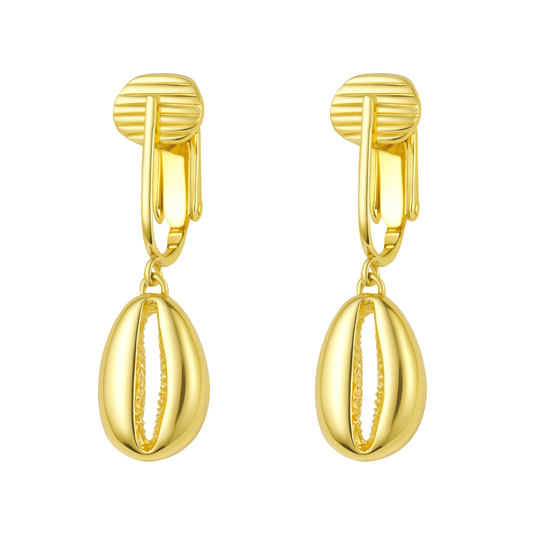 Gold Puka Shells Clip On Dangling Earrings
