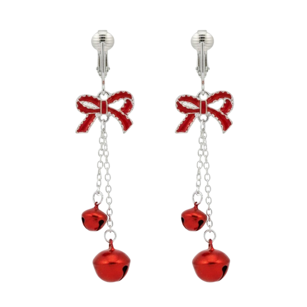 Silver Red Bows and Bells Clip On Dangling Earrings