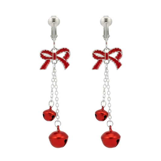 Silver Red Bows and Bells Clip On Dangling Earrings