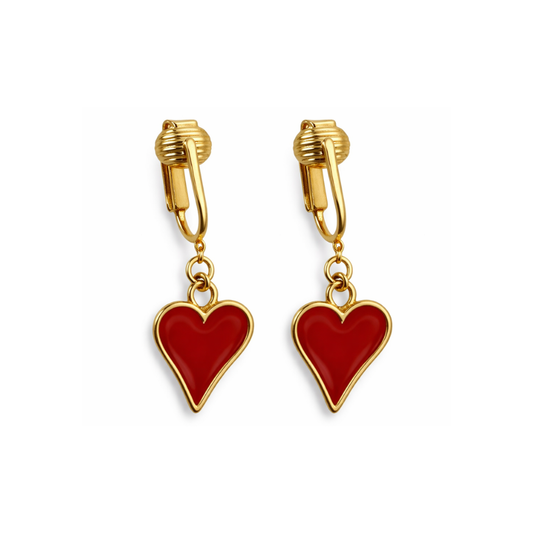 Red Hearts Gold Clip On Dangling Earrings