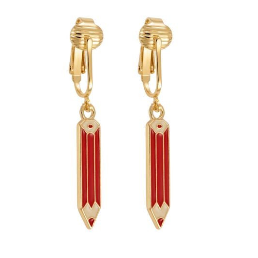 Red Pencils Gold Clip On Dangling Earrings