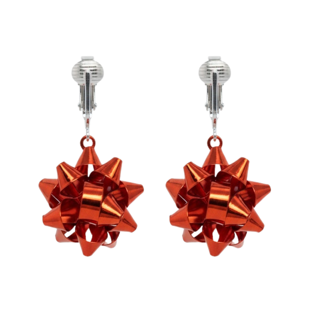 Silver Red Christmas Bows Clip On Dangling Earrings