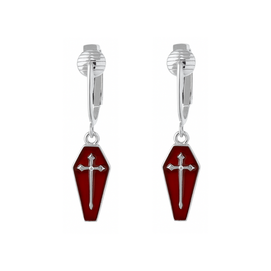 Coffin Silver Clip On Dangling Earrings