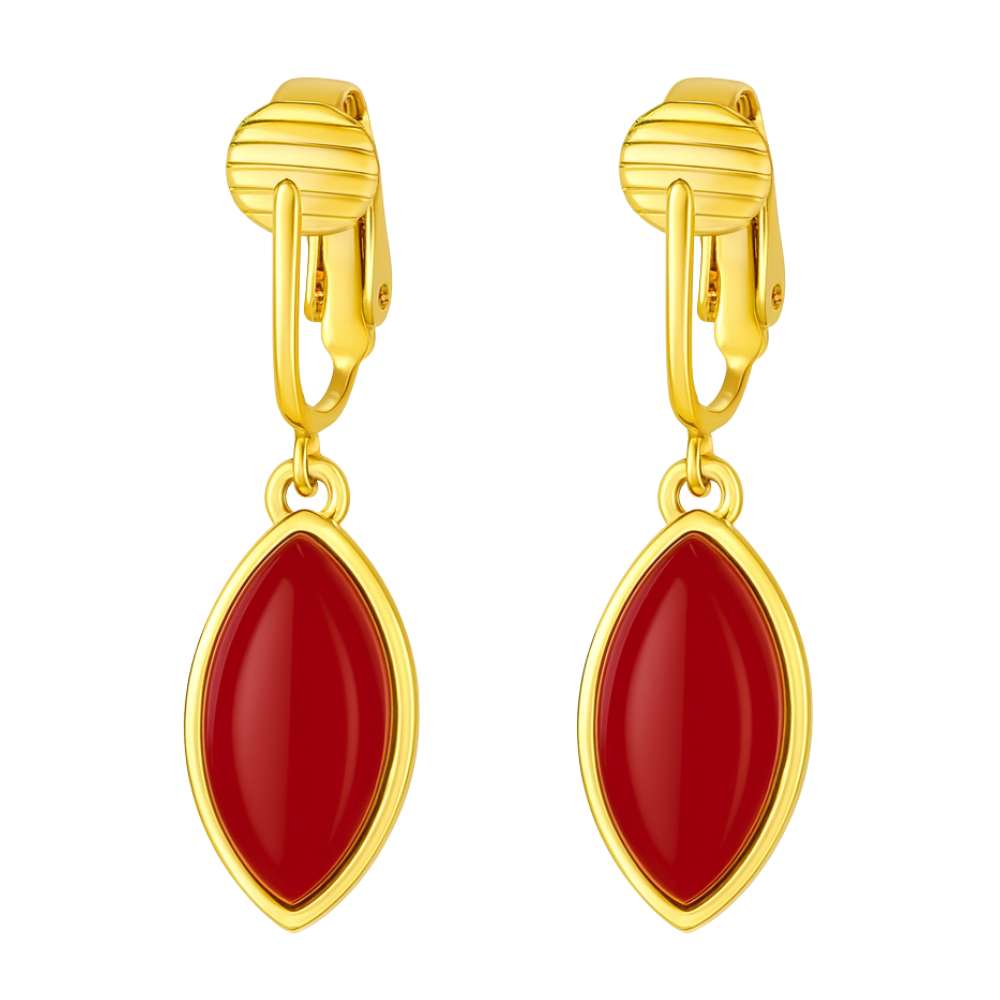Gold Marquise Shaped Clip On Dangling Earrings