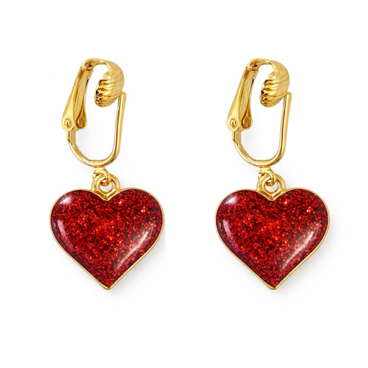 Sparkle Hearts Gold Clip On Dangling Earrings