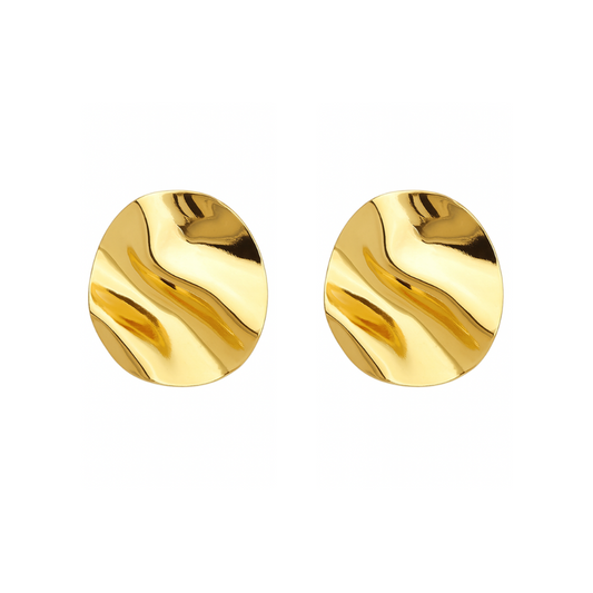Gold Rippled Disc Clip On Stud Earrings