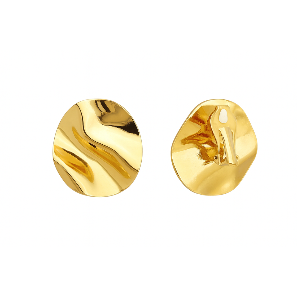 Gold Rippled Disc Clip On Stud Earrings