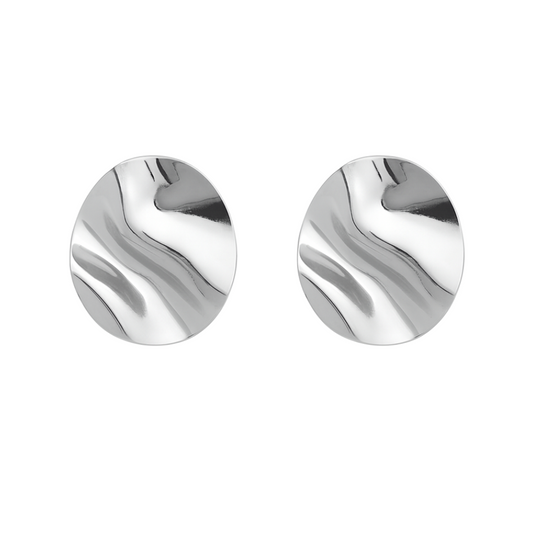 Silver Rippled Disc Clip On Stud Earrings