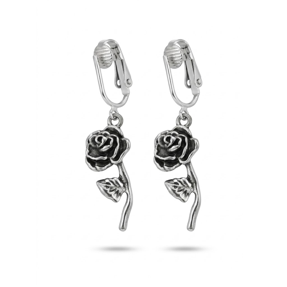 Silver Roses Clip On Dangling Earrings