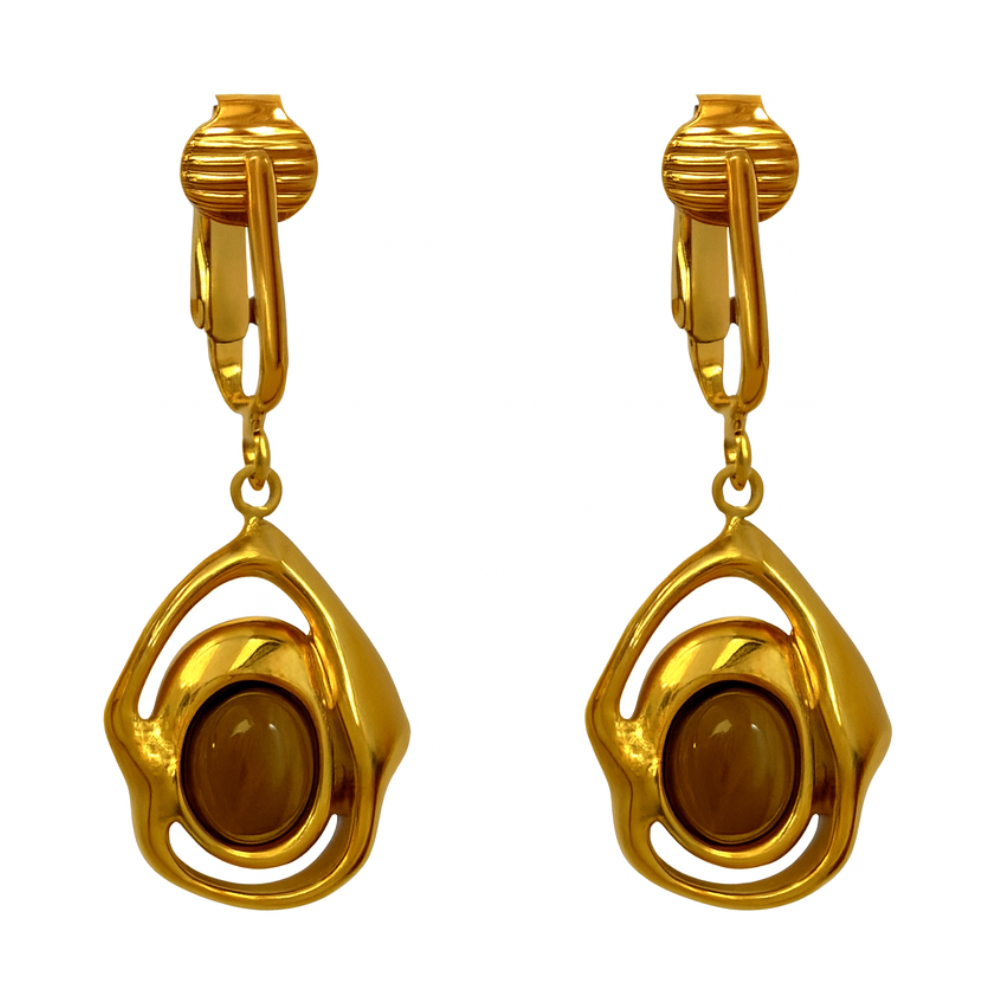 Gold Round Brown Stone Clip On Dangling Earrings