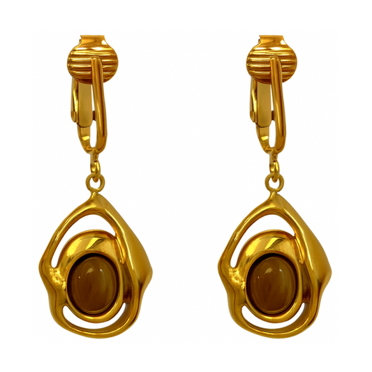 Gold Round Brown Stone Clip On Dangling Earrings