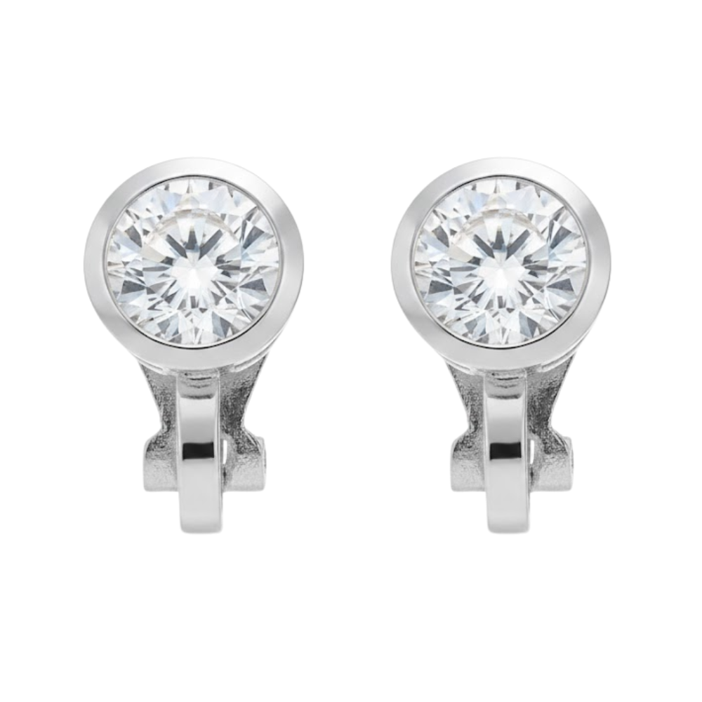 Silver Round Crystal Clip On Stud Earrings