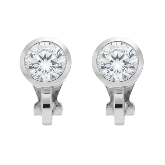 Silver Round Crystal Clip On Stud Earrings