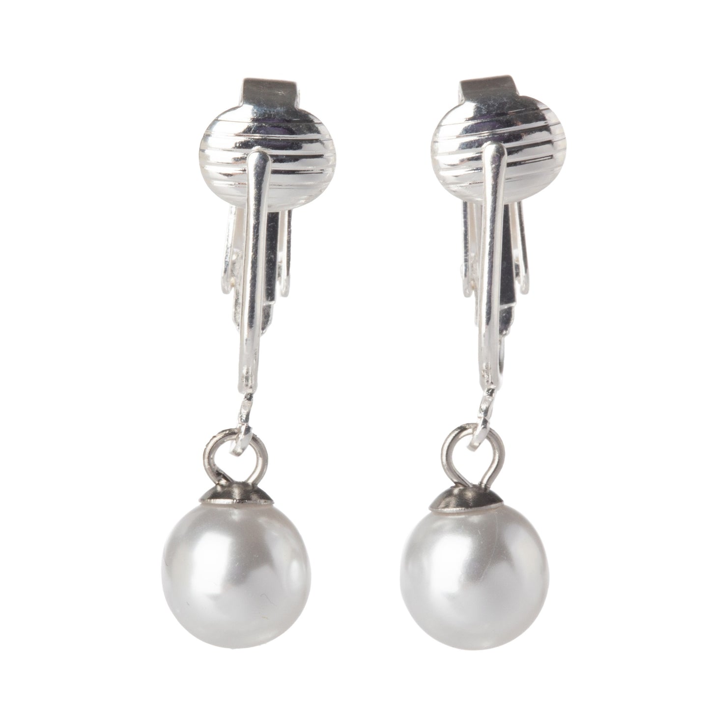 Silver Round Simulated Freshwater Pearl Clip On Dangling Earrings